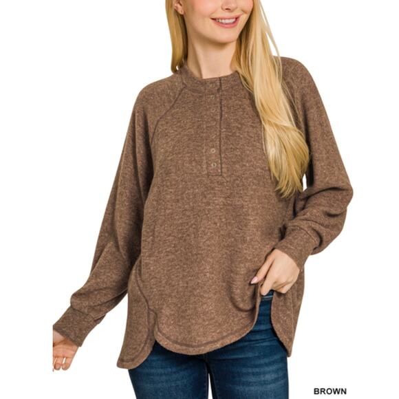 Zenana Womens Size Small-Medium Brown Brushed oversized 7-button henley sweater - Picture 1 of 1
